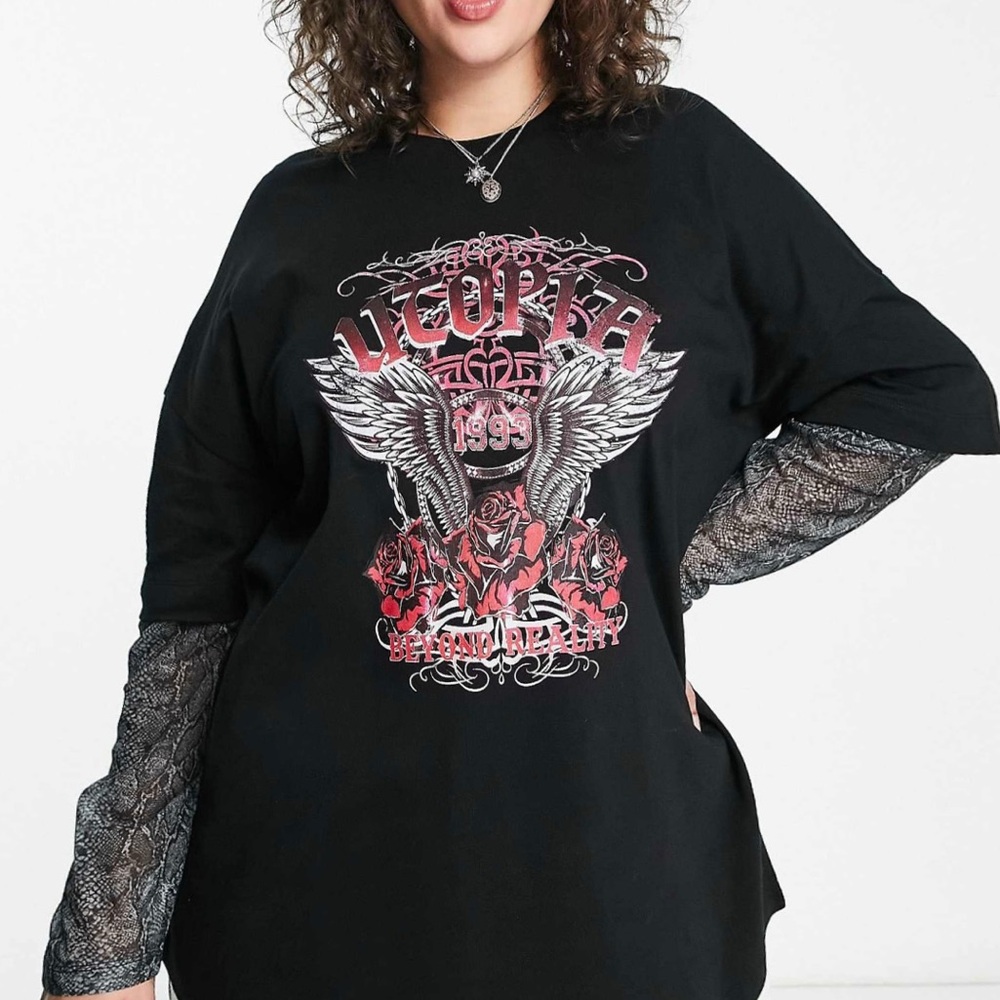 ASOS DESIGN Utopia Graphic Mesh-Sleeve Long Sleeve Tee